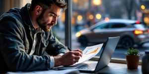 Illustration éditoriale montrant un acheteur vérifiant sur un ordinateur portable une annonce de voiture, avec des documents sur la table et une voiture européenne en arrière-plan.