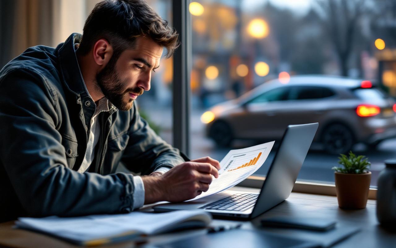 Illustration éditoriale montrant un acheteur vérifiant sur un ordinateur portable une annonce de voiture, avec des documents sur la table et une voiture européenne en arrière-plan.