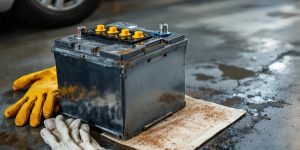 Intérieur réaliste d’un garage domestique, avec une batterie de voiture usagée posée en sécurité sur le sol, éclairage naturel et détails visibles de la coque et des bornes.
