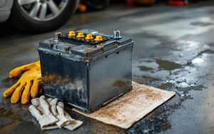Intérieur réaliste d’un garage domestique, avec une batterie de voiture usagée posée en sécurité sur le sol, éclairage naturel et détails visibles de la coque et des bornes.