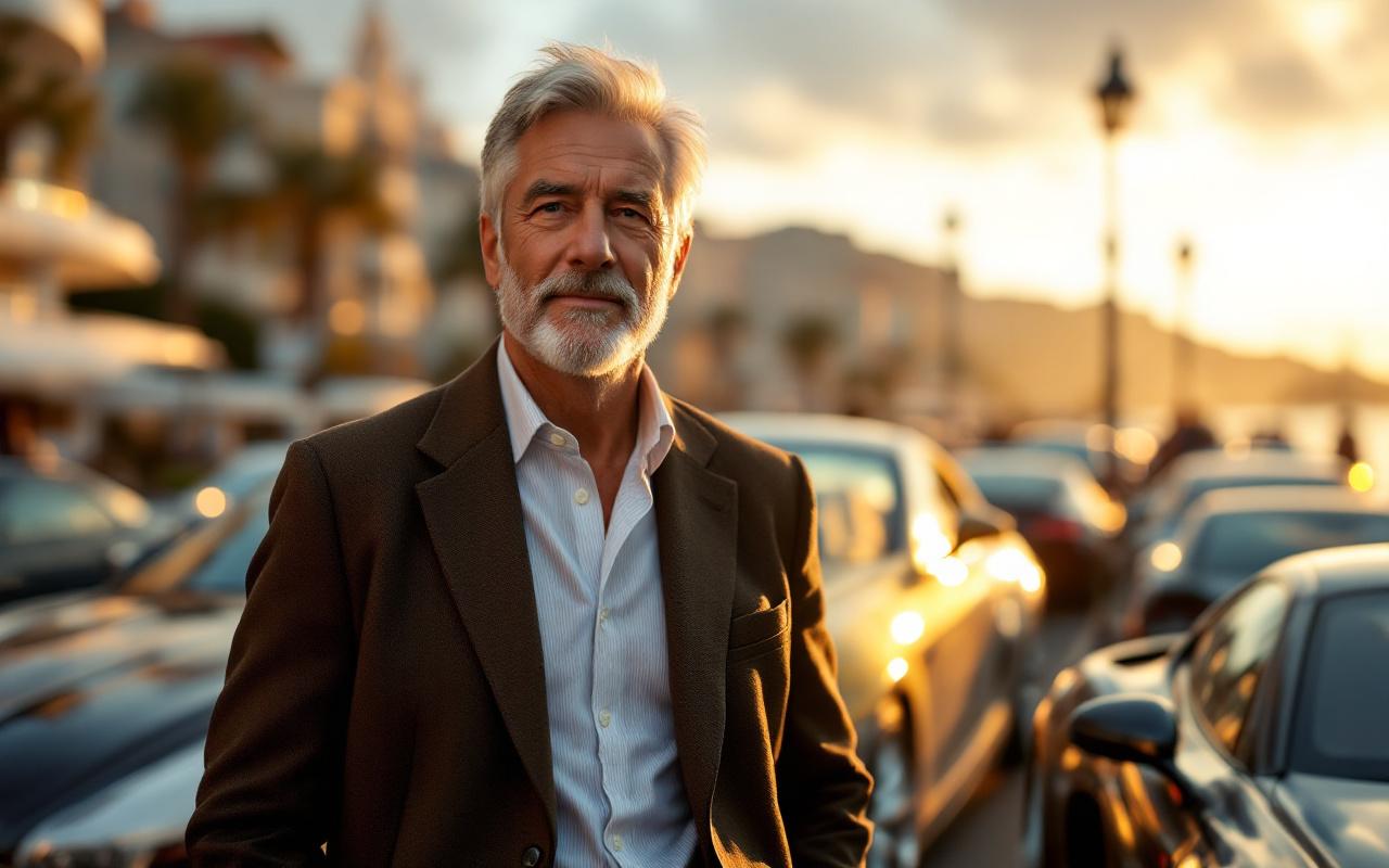 Portrait éditorial d’un homme à la tenue élégante, entouré de voitures de luxe dans une ambiance de Monaco, éclairage doré et arrière-plan flouté style magazine.
