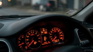Gros plan réaliste du tableau de bord d’une voiture avec le voyant d’injection moteur allumé, ambiance automobile sombre et éclairage feutré.