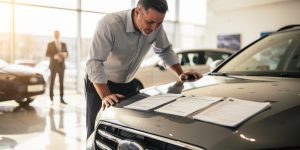 Un homme examine une voiture d’occasion dans une concession lumineuse, tandis qu’un vendeur se tient en arrière-plan et que des documents sont posés sur le capot.