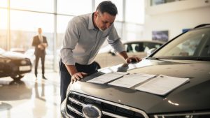 Un homme examine une voiture d’occasion dans une concession lumineuse, tandis qu’un vendeur se tient en arrière-plan et que des documents sont posés sur le capot.