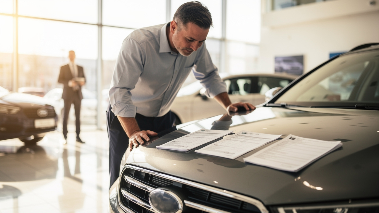 Un homme examine une voiture d’occasion dans une concession lumineuse, tandis qu’un vendeur se tient en arrière-plan et que des documents sont posés sur le capot.