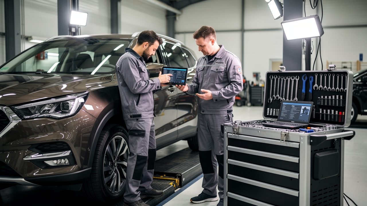 Atelier automobile préparant un véhicule d’occasion sur un pont élévateur, avec contrôle technique et diagnostic électronique.