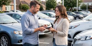Un homme et une femme comparent un budget automobile avec une calculatrice devant plusieurs voitures stationnées, sous une lumière naturelle.