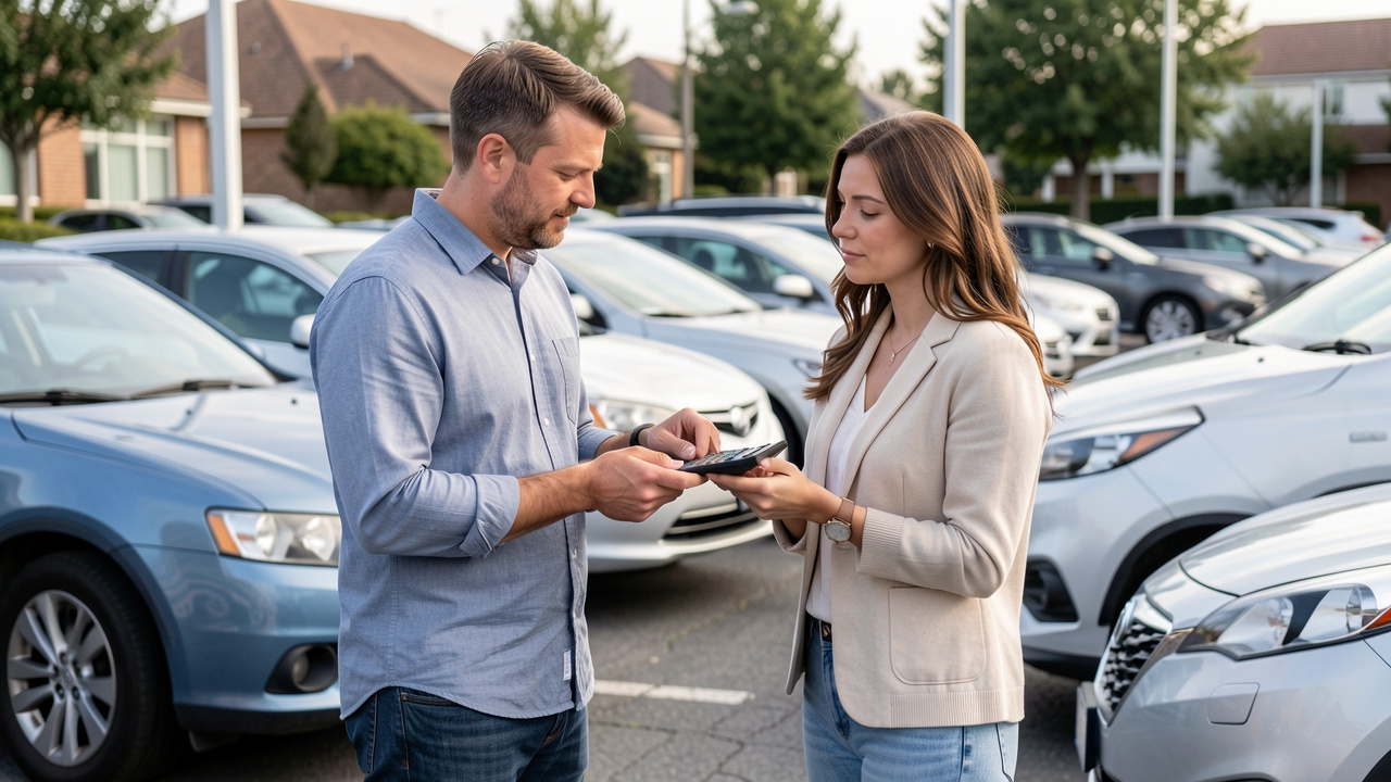 Un homme et une femme comparent un budget automobile avec une calculatrice devant plusieurs voitures stationnées, sous une lumière naturelle.