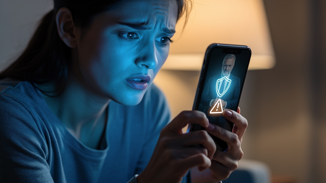 Illustration pédagogique montrant une femme préoccupée examinant un smartphone pendant un appel suspect, avec le reflet d’un conseiller bancaire frauduleux et un symbole abstrait d’alerte de sécurité.