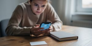 Femme inquiète regardant son téléphone, avec un carnet bancaire et une carte posés sur une table.