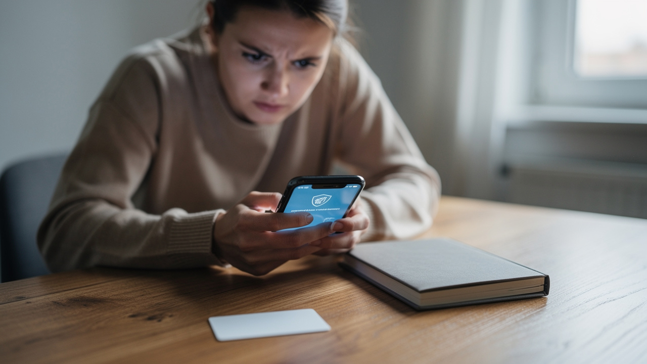 Femme inquiète regardant son téléphone, avec un carnet bancaire et une carte posés sur une table.