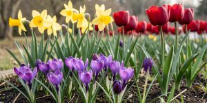 Massif de jardin au début du printemps, avec des crocus violets au premier plan, des narcisses jaunes et des tulipes rouges en arrière-plan, éclairés par une douce lumière de février.