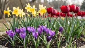 Massif de jardin au début du printemps, avec des crocus violets au premier plan, des narcisses jaunes et des tulipes rouges en arrière-plan, éclairés par une douce lumière de février.