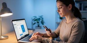 Une femme sécurise ses comptes sur un ordinateur portable et un smartphone dans une ambiance numérique rassurante.