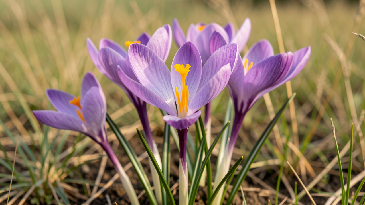 Gros plan de fleurs violettes de colchique d’automne dans une prairie, avec leurs étamines jaunes bien visibles et sans feuillage, sous une lumière douce de septembre.